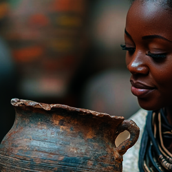 a sociology student looking at a piece of pottery