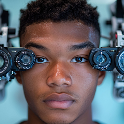 a young patient receiving an eye exam with a phoropter