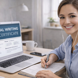 Woman smiling at desk with laptop displaying online certificate course.