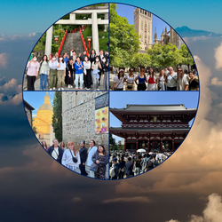 a collage of group photos on top of clouds