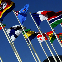 Flags of various countries waving against a clear blue sky.