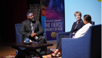 Presenter Dr. Jacqueline Battalora being interviewed on her new book by two colleagues. 