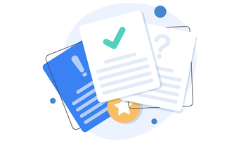 Documents with a question mark, an exclamation point, and a checkmark