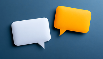 Two speech bubbles, one white and one orange, against a dark blue background.