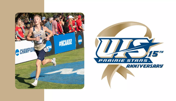 A picture of Blake Jones running at cross country nationals that features the UIS Athletics 15 years of nCAA DII series logo