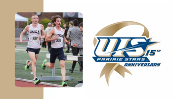 A photo of runners Wyatt McIntyre and Cort Ross racing, paired with UIS Athletics 15 years of NCAA DII anniversary logo