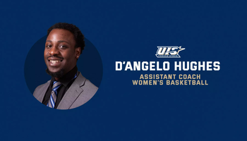 D'Angelo hughes. Women's Basketball Assistant Coach. Headshot & UIS Athletics logo