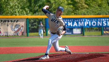 Mark DeCicco pitching in GLVC tournament