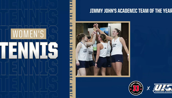 Women's Tennis. Jimmy John's Academic Team of the Year. A photo of a women's tennis team huddle. UIS Athletics logo, Jimmy John's logo.