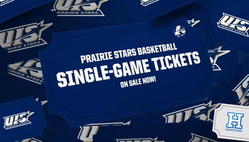 Basketball Tickets Graphic- "Prairie Stars Basketball Single-Game Tickets on sale now!"