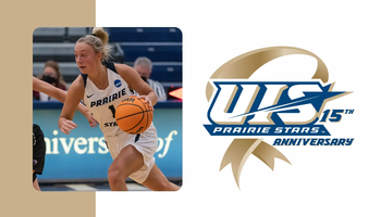A celebration photo on court of 2021-22 UIS women's basketball athlete Lauren Ladowski, paired with UIS Athletics logo for 15 years of DII membership celebration