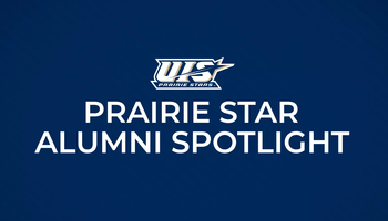 UIS Athletics logo, blue text on white background, "Prairie Star Alumni Spotlight"
