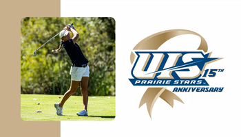 A photo of Elaine Grant golfing paired with logo for UIS 15 Years of NCAA DII recognition series