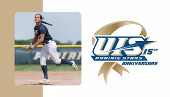 Ali Haesele pitching, paired with a logo for the 15 Years of NCAA DII anniversary series logo