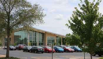 Cars parked in front of the Student Union.