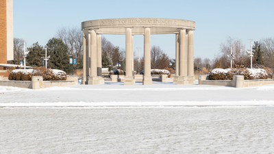 the colonnade in the background with a light snowfall in the foreground