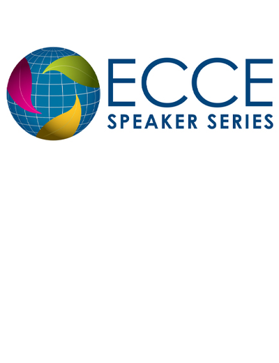 A graphic of a globe with pink, green and yellow leaves and text that says "ECCE Speaker Series."