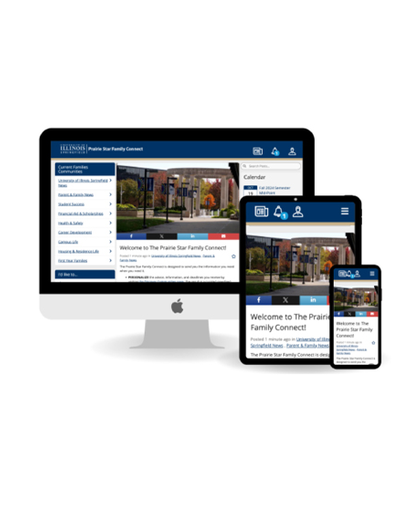 Responsive design of the Prairie Star Family Connect portal shown on desktop, tablet and mobile screens.