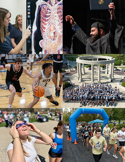 A collage of UIS students participating in academics, sports, graduation, a solar eclipse viewing, and campus events.