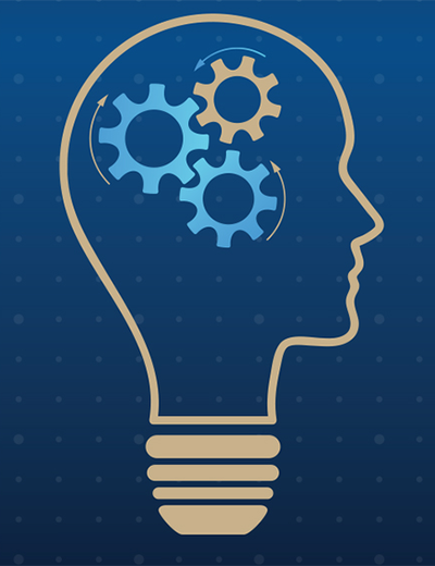 Profile of a lightbulb with gears inside symbolizing ideas and innovation on a blue background with subtle dots.