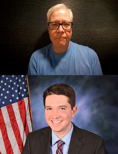 Two portraits: one of a man in glasses and another of a man in a suit by a flag.