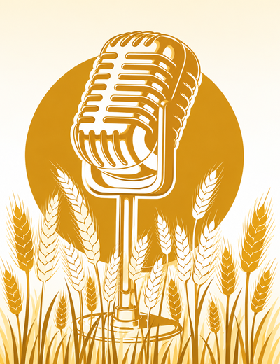 Retro microphone with wheat stalks, sepia-toned graphic.