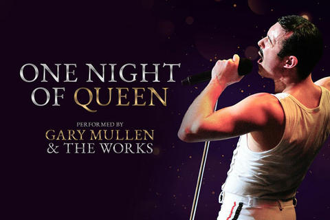 Gary Mullen as Freddie Mercury singing next to tour logo