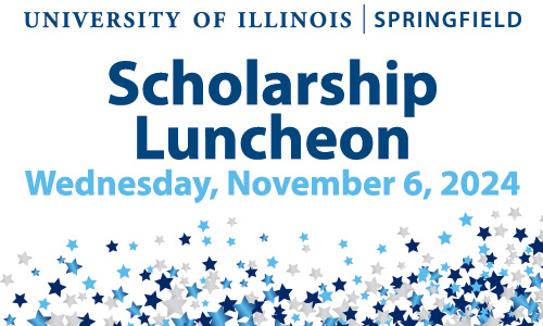 various blue and silver stars with the words University of Illinois Springfield Scholarship Luncheon Wednesday, November 6, 2024