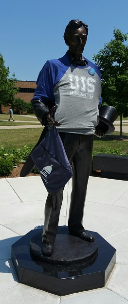 The Young Lawyer (young Abe Lincoln) statue dressed in and Orientation shirt