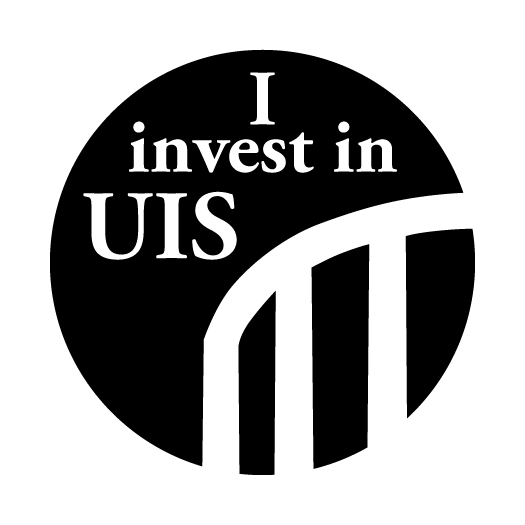 A logo with a black circle featuring a white outline of the Colonnade and the following text: "I invest in UIS."