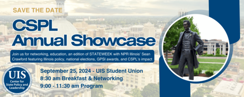 Flyer for the CSPL Annual Showcase that has a statue of Lincoln and the same text as on the webpage