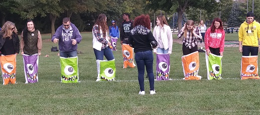 Family Members lining up for the sack race