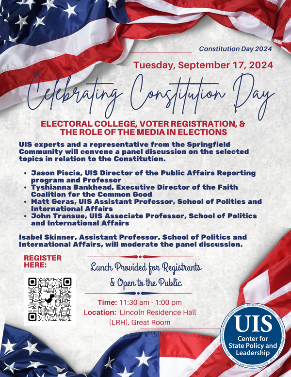 Celebrating Constitution Day flyer with American flags and event details