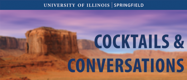 Desert landscape with text: Cocktails & Conversations.