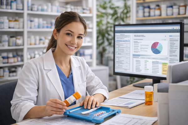 Pharmacist smiling at desk, computer screen with graphs in the background.
