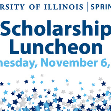 various blue and silver stars with the words University of Illinois Springfield Scholarship Luncheon Wednesday, November 6, 2024