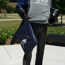 The Young Lawyer (young Abe Lincoln) statue dressed in and Orientation shirt
