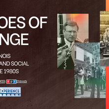 promo image for Echoes of Change: Central Illinois Journalism and Social Justice in the 1980s with a collage of photos on the subject