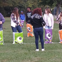 Family Members lining up for the sack race