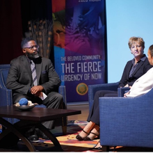 Presenter Dr. Jacqueline Battalora being interviewed on her new book by two colleagues. 