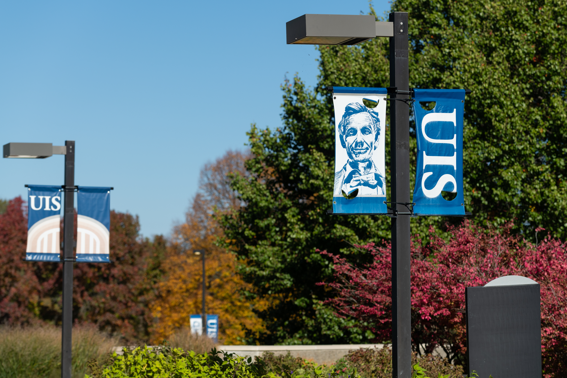 UIS banners hanging on two light poles with multicolored trees in the background.