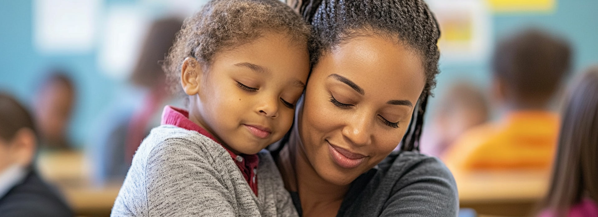 an adult sitting with a calmed down child in her lap