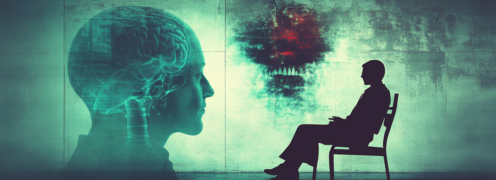 a silhouette of a therapist sitting in front of a large projection of the human mind