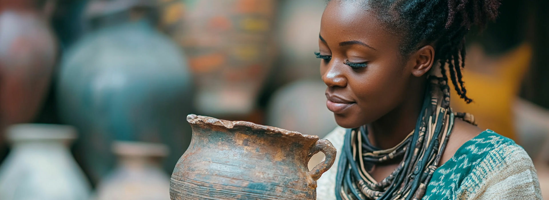 a sociology student looking at a piece of pottery