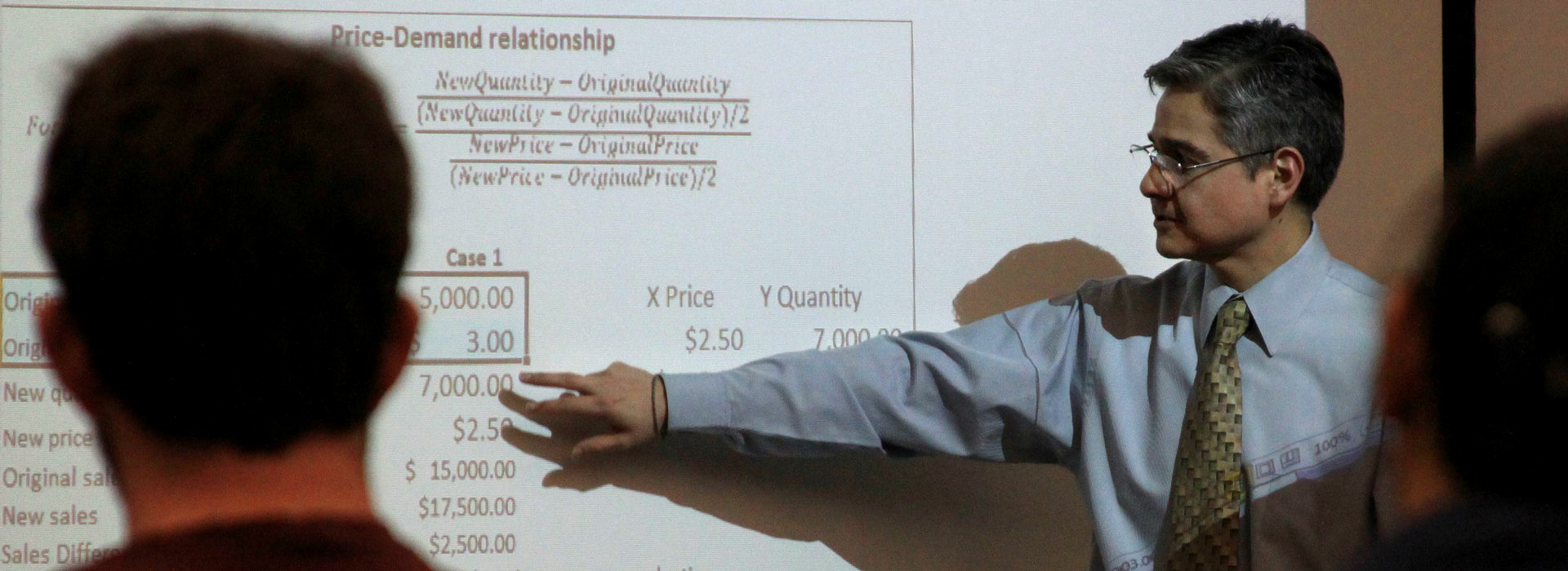 accounting professor pointing to formulas on the whiteboard