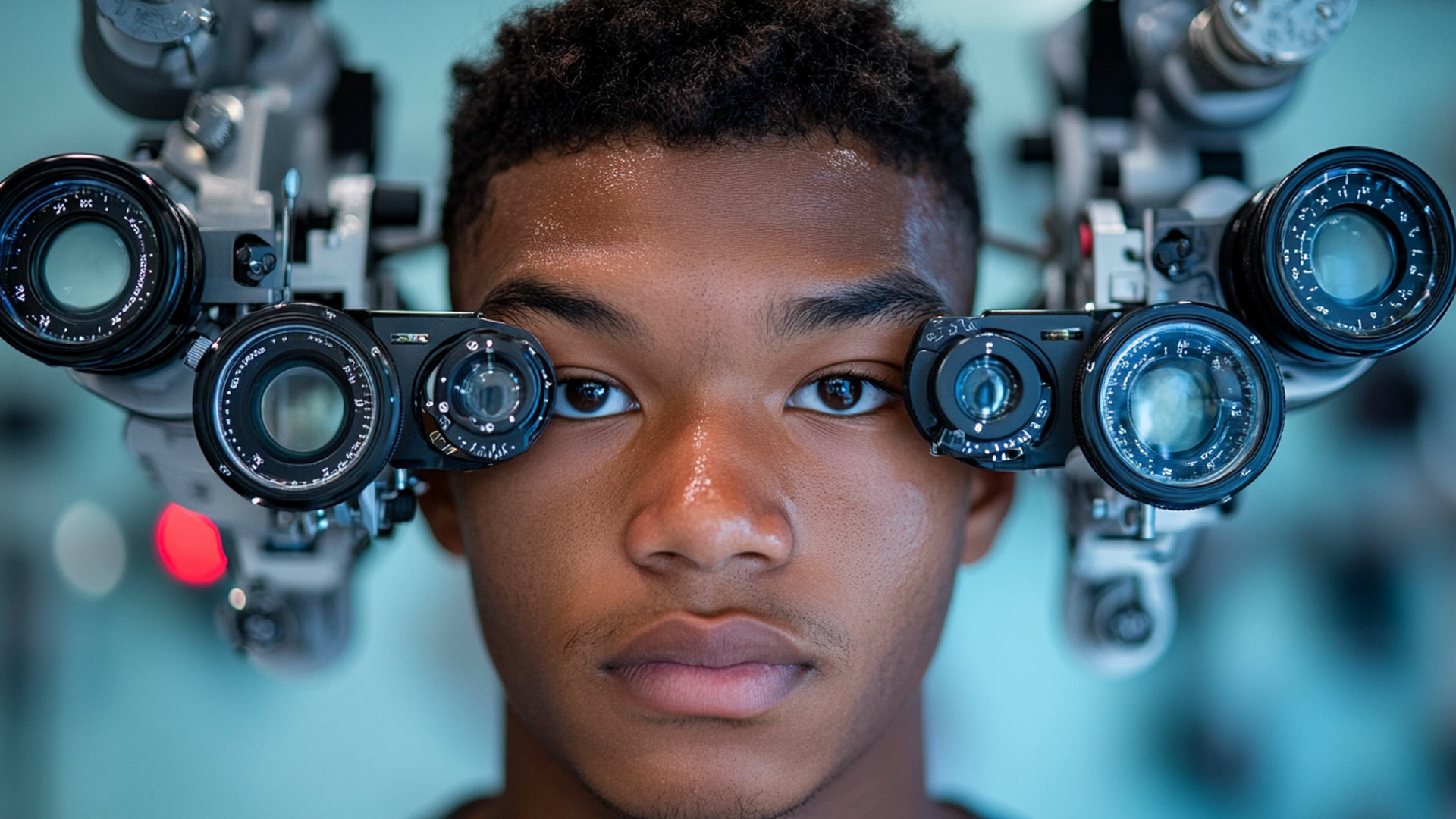 a young patient receiving an eye exam with a phoropter