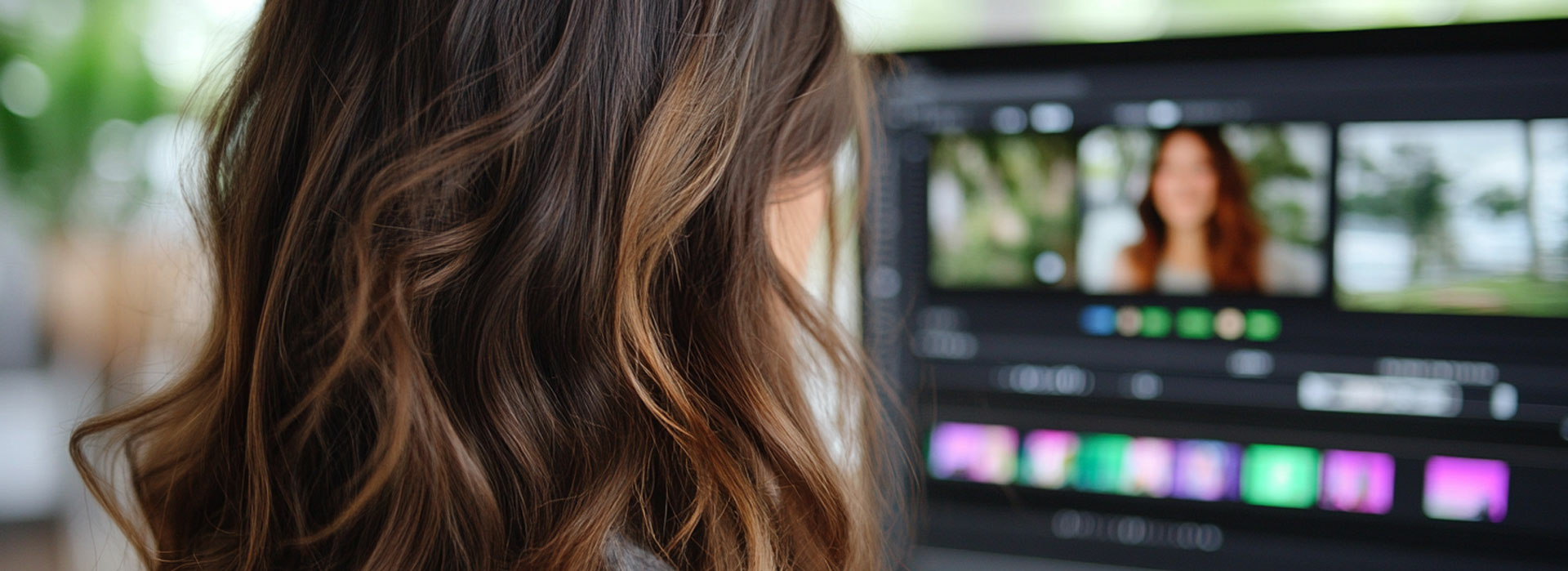 a woman at a computer editing a video