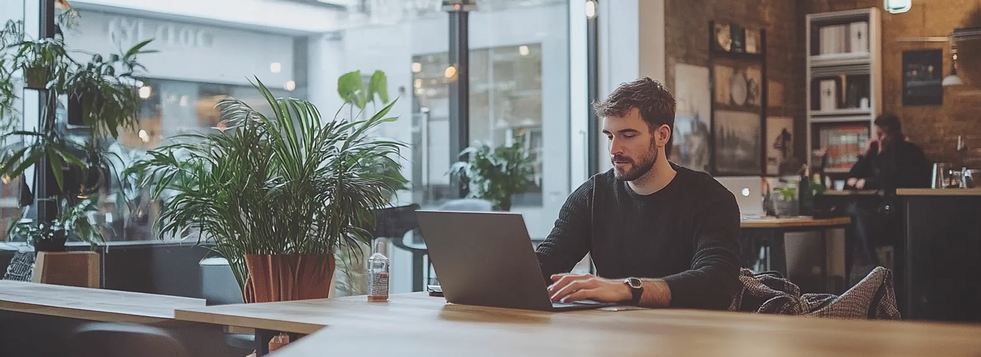 a man sitting at a table looking at his laptop