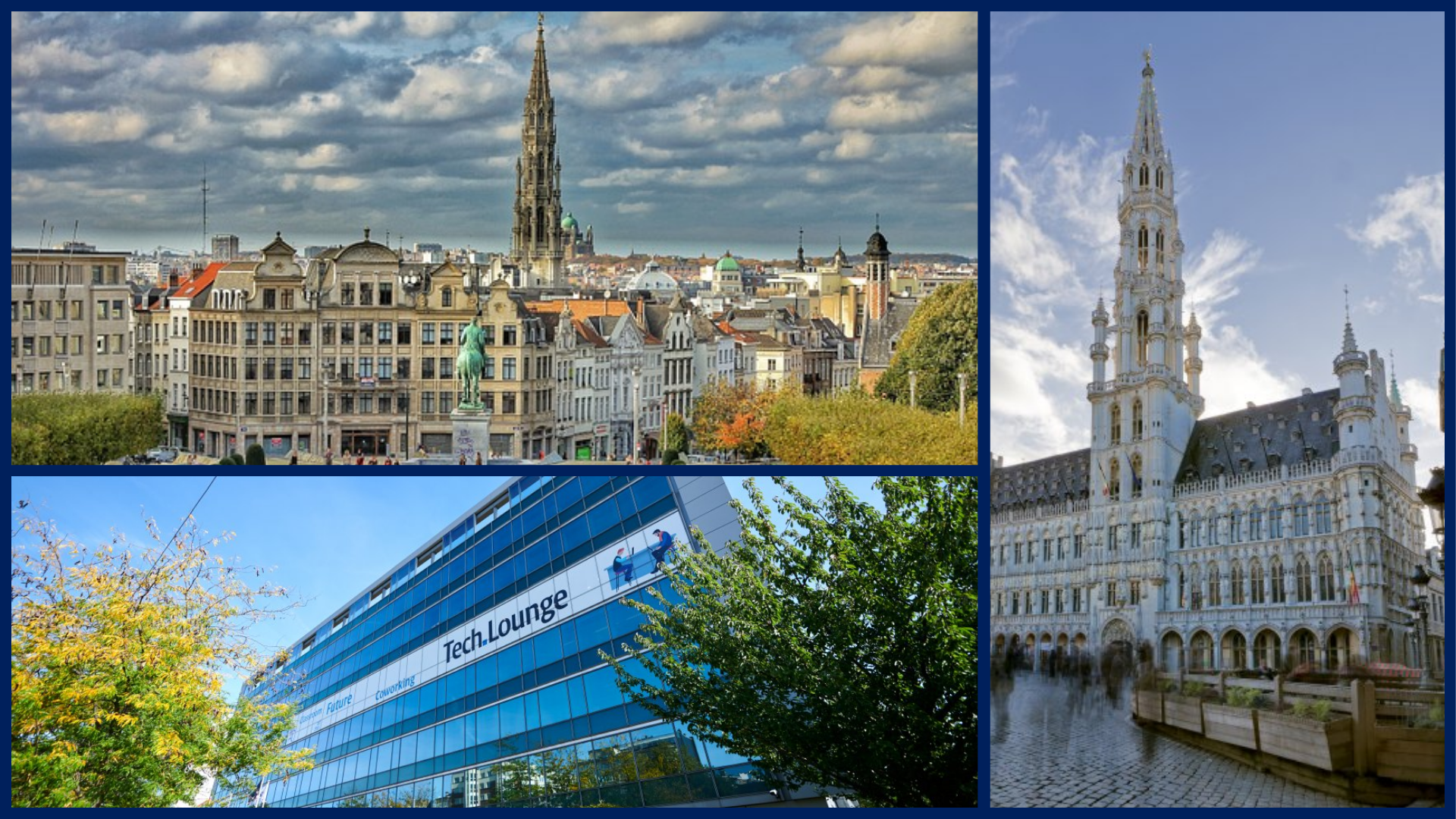 A collage of three images of the university. The upper-left picture is an overview of Brussels, Belgium. Underneath is an image of a glass building that is located on campus. On the right is a picture of a large white building on the campus.