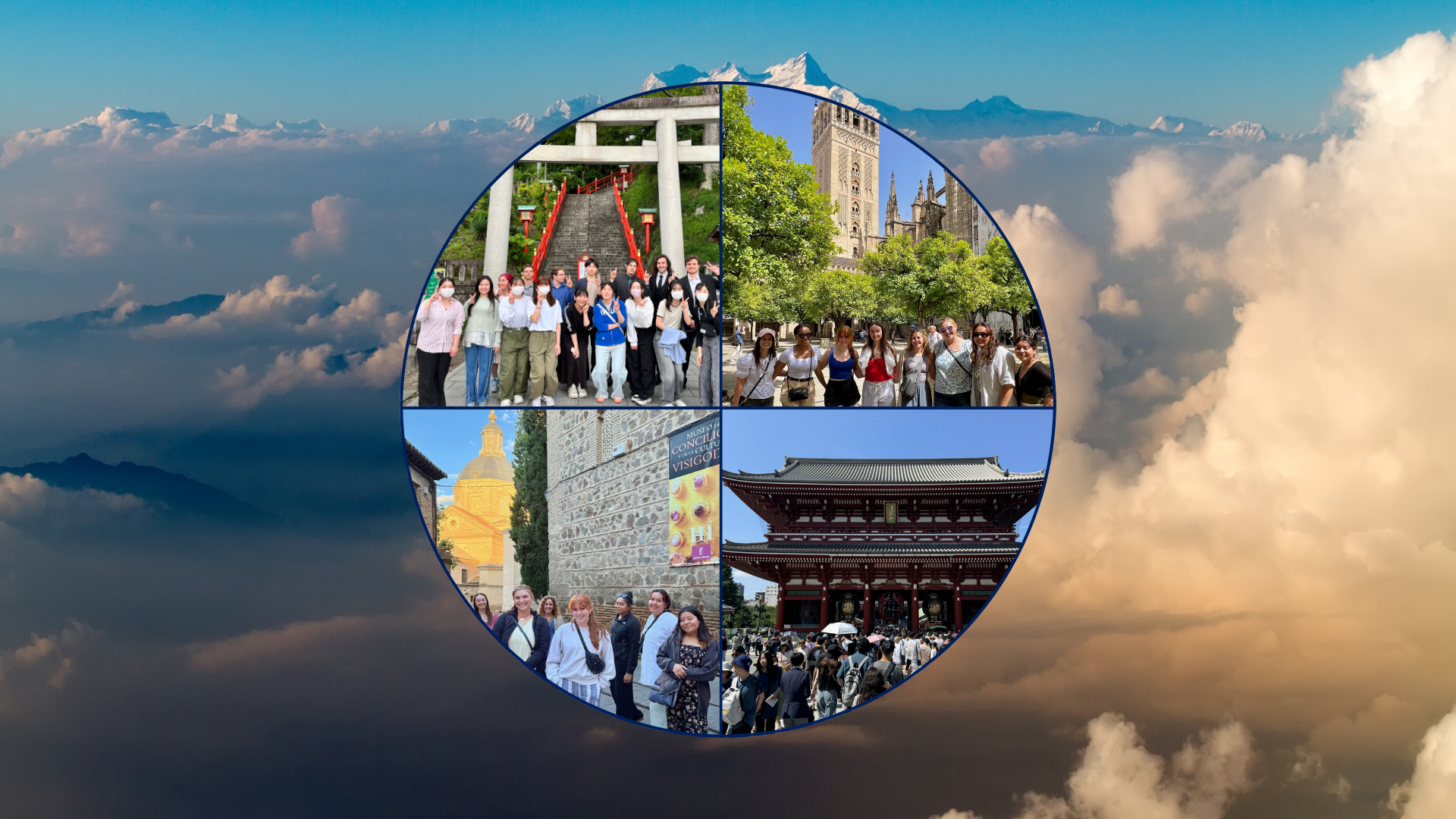 A collage of four images that are combined to make a circle. The image on the upper-left in the circle is of a group of people smiling in front of stairs. Underneath is a group of students smiling and in the distance is a large, ornate, and old white building. The image on the upper-right is of students smiling; behind them are trees that encompass part of a cathedral. Below, is an image of a traditional Japanese-style building that is red and black with ring of wooden verandas that encircle the house.